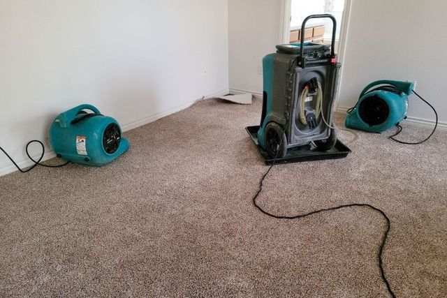 Air movers and a dehumidifier set up indoors for carpet drying